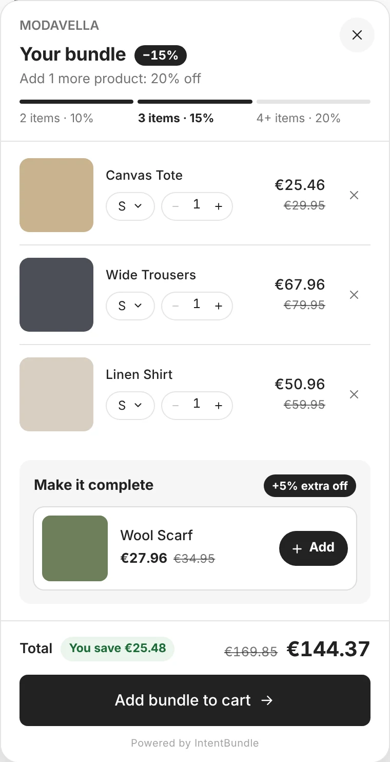 The bundle on a product page with three viewed products and 15% off
